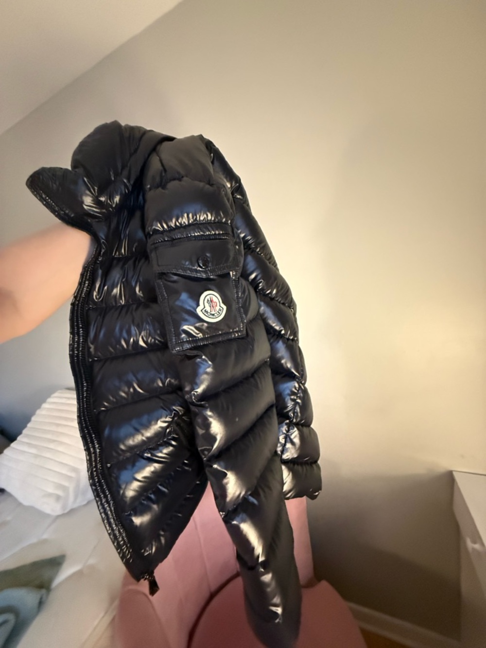 Moncler Women's Black Fur-Trim Hooded Puffer Jacket - Picture 2 of 8